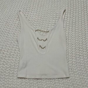 White ribbed tank with pearl & chain detailing
